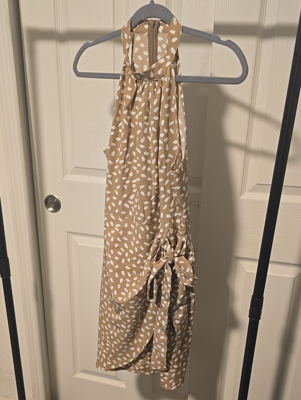 Girls' Sleeveless Halter Dress in Beige with White Print